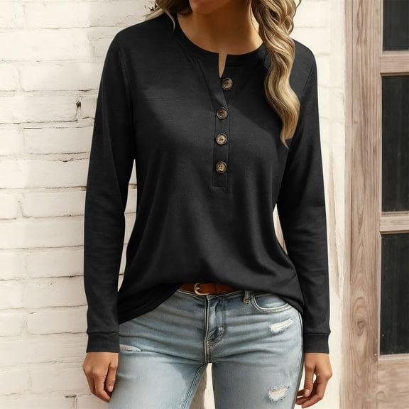 UQJfacai Womens Long Sleeve Henley Tops Lightweight Button Up Tunic Shirts Fall Spring Loose Fit Dressy Casual Blouses