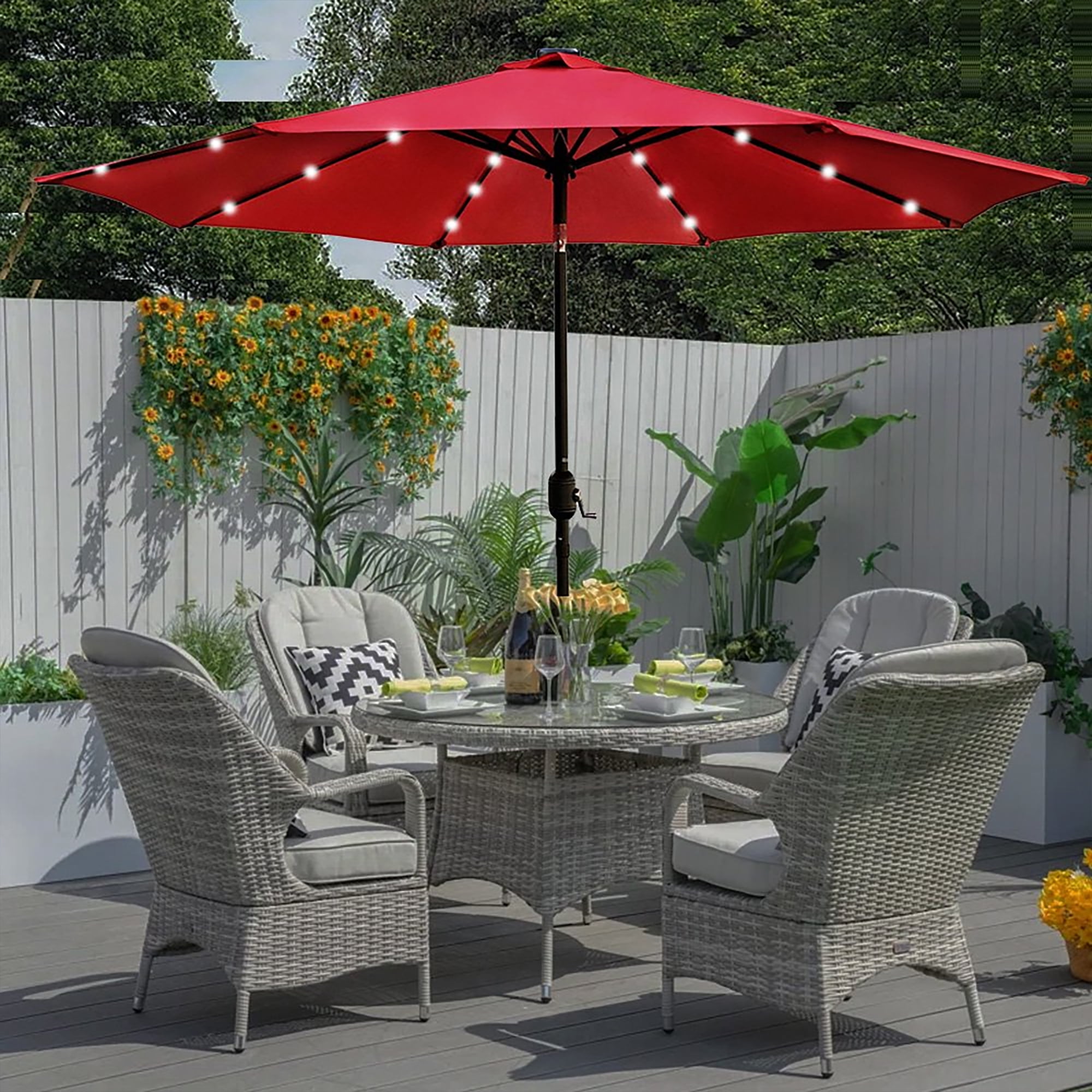 ULTRASHDE 9ft Solar LED Lighted Patio Umbrella, Table Market Umbrella, Outdoor Umbrella for Garden, Deck, Backyard, Pool and Beach, Red