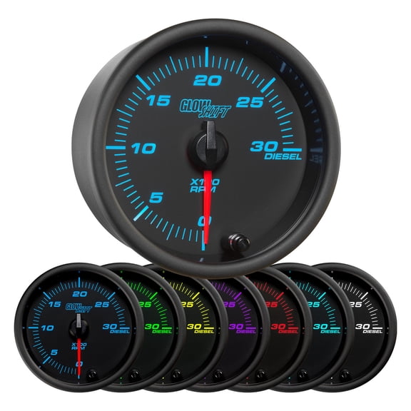 GlowShift Black 7 Color 3-3/8" 3,000 RPM In-Dash Diesel Tachometer Gauge