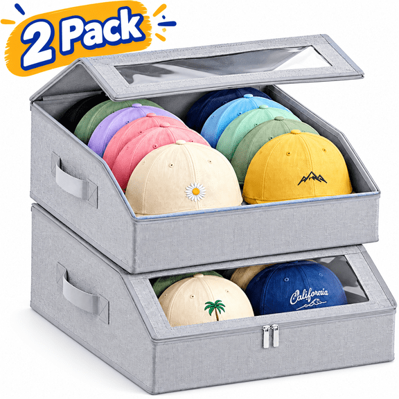 Stackable Hat Storage for Baseball Caps , 2PCS Hat Organizer with Clear Window, Flip-Top Access, Space-Saving Hat Box for Closet, Cap organizer & Hat storage,Breathable Fabric
