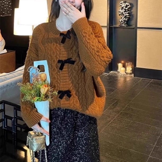 Suéter con lazo de giros dulces para mujer, Top de manga larga con cuello redondo, cárdigans sueltos, ropa de calle de moda coreana, prendas de punto Y2K para niña, Otoño e Invierno