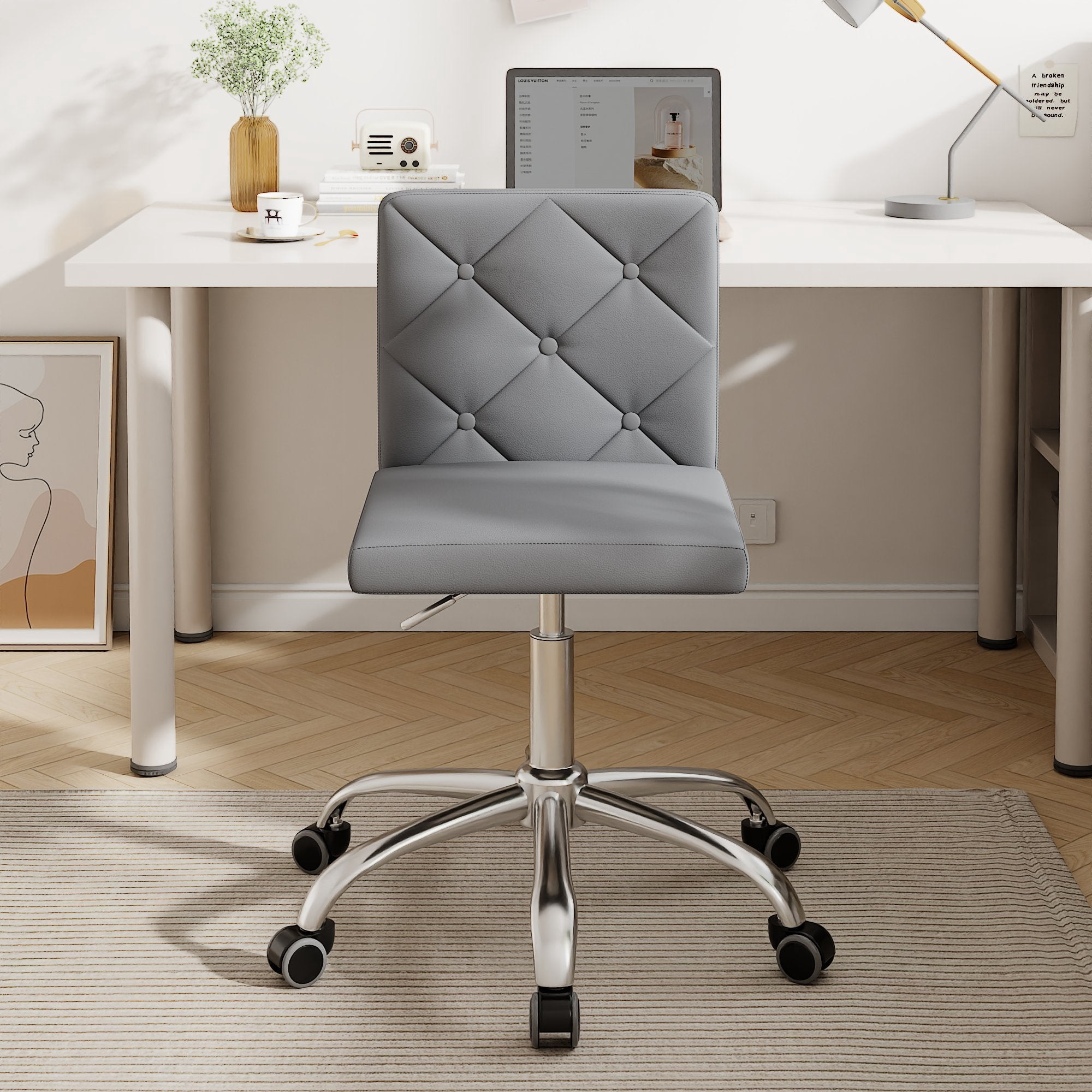 VECELO PU Leather Armless Office Chair with Wide Seat, Adjustable Height Mid-Back Task Chair, 360° Rolling Swivel Vanity Chair for Home Office,Grey