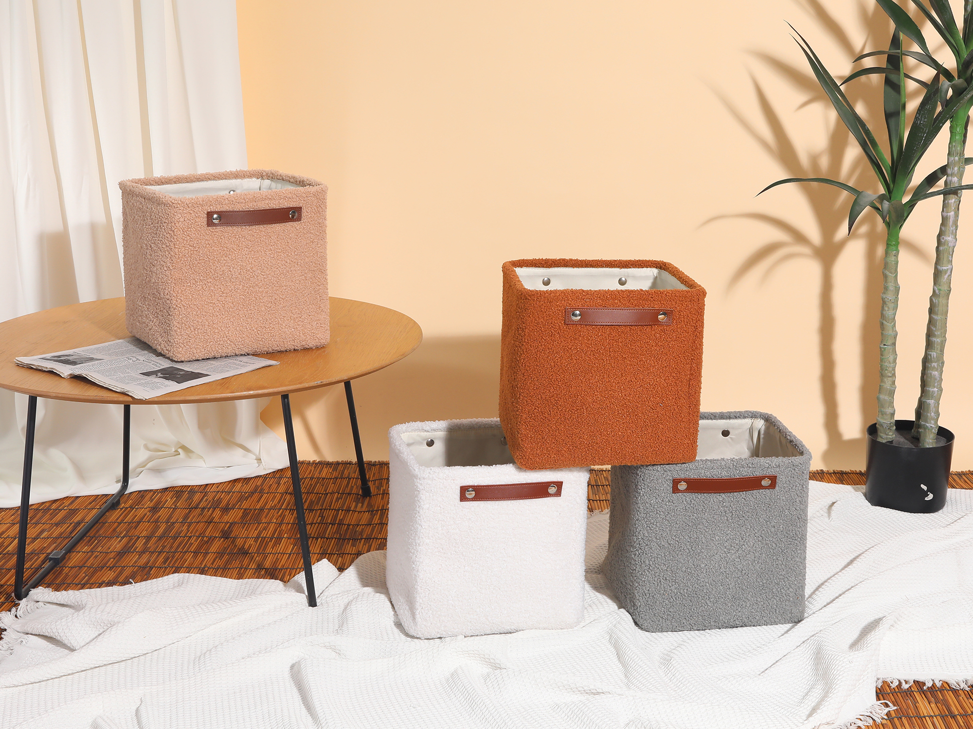 Unique Bargains 3 Packs Collapsible Cotton Storage Bin with Handles Caramel