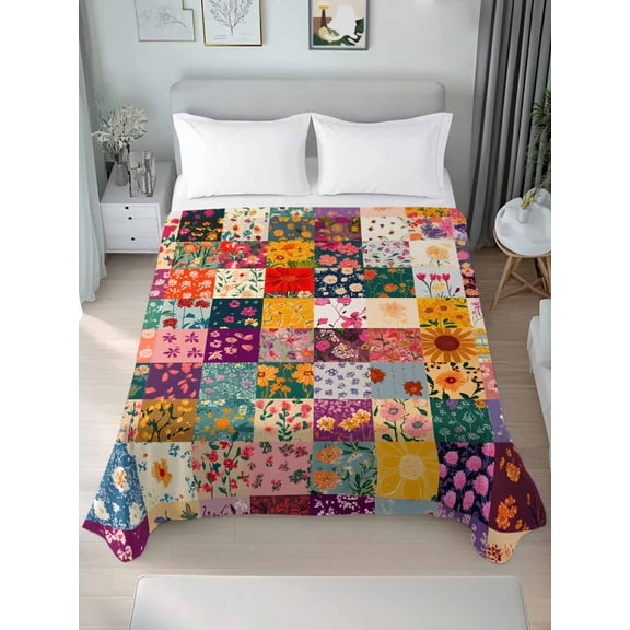 Spring Floral California King Size Flat Sheet, Wrinkleproof & Fadeproof Cooling Flat Bed Sheet Only, Vintage Plaid Summer Botanical Colorful Breathable Soft Bedding Top Sheets 108 x 98 Inches