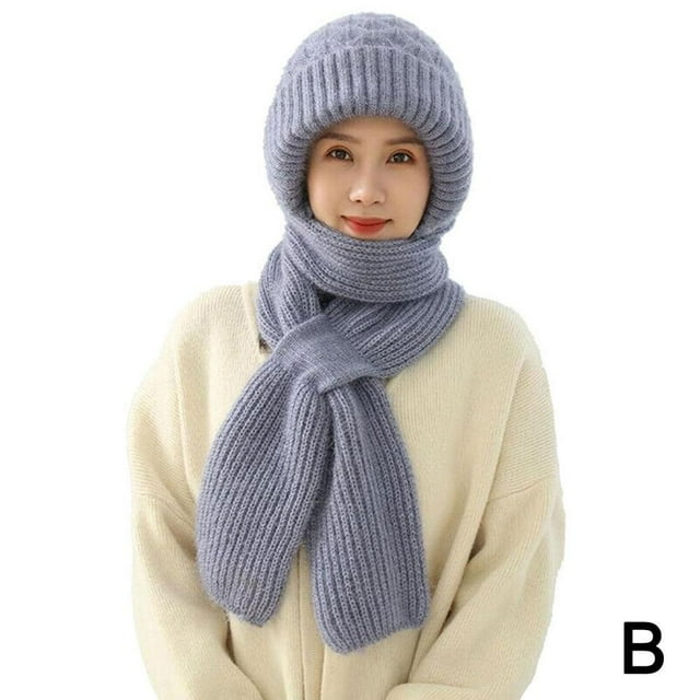 Winter Knitted Integrated Hat Scarf Set Cold Proof Ear Protection Scarf Warm Beanies Cycling Windproof Ladies Outdoor Caps B