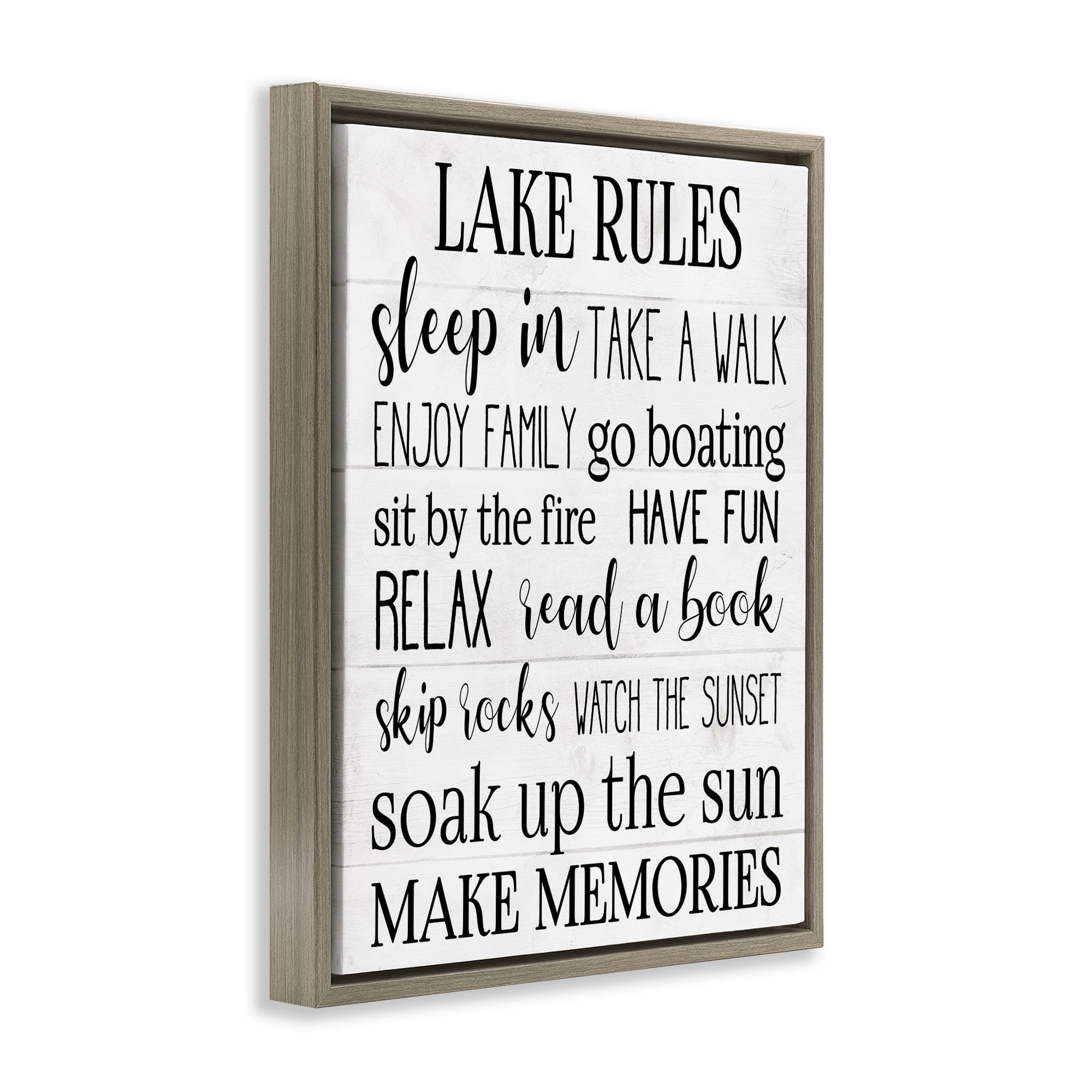 Stupell Industries Motivational Lake Rules Sign Typography Painting Brown Floater Framed Canvas Art Print Wall Art, 25 x 31