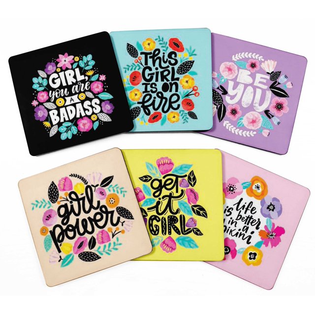 Inkdotpot Set of 6 Drink Coasters DecorativeNon,SlipCork Base4-inch Square PrintedCoastersEasy Clean- feminist quotes