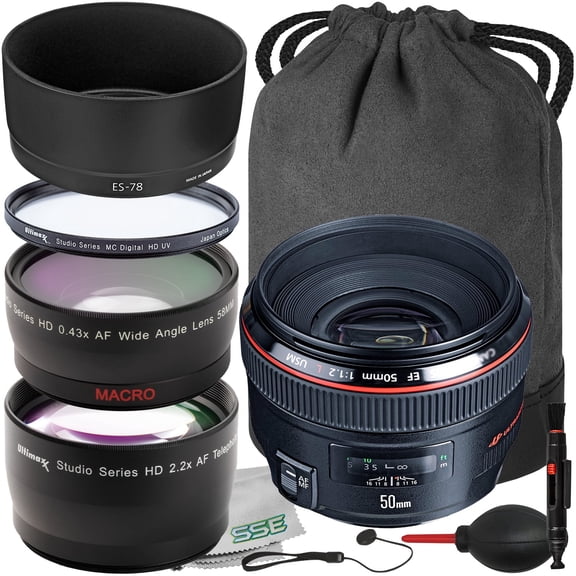 Ultimaxx Essential Canon EF 50mm f/1.2L USM Autofocus Lens (International Model) Bundle - Includes: Protective UV Filter, 0.43x Wide-Angle Lens Attachment & More (12pc Bundle)