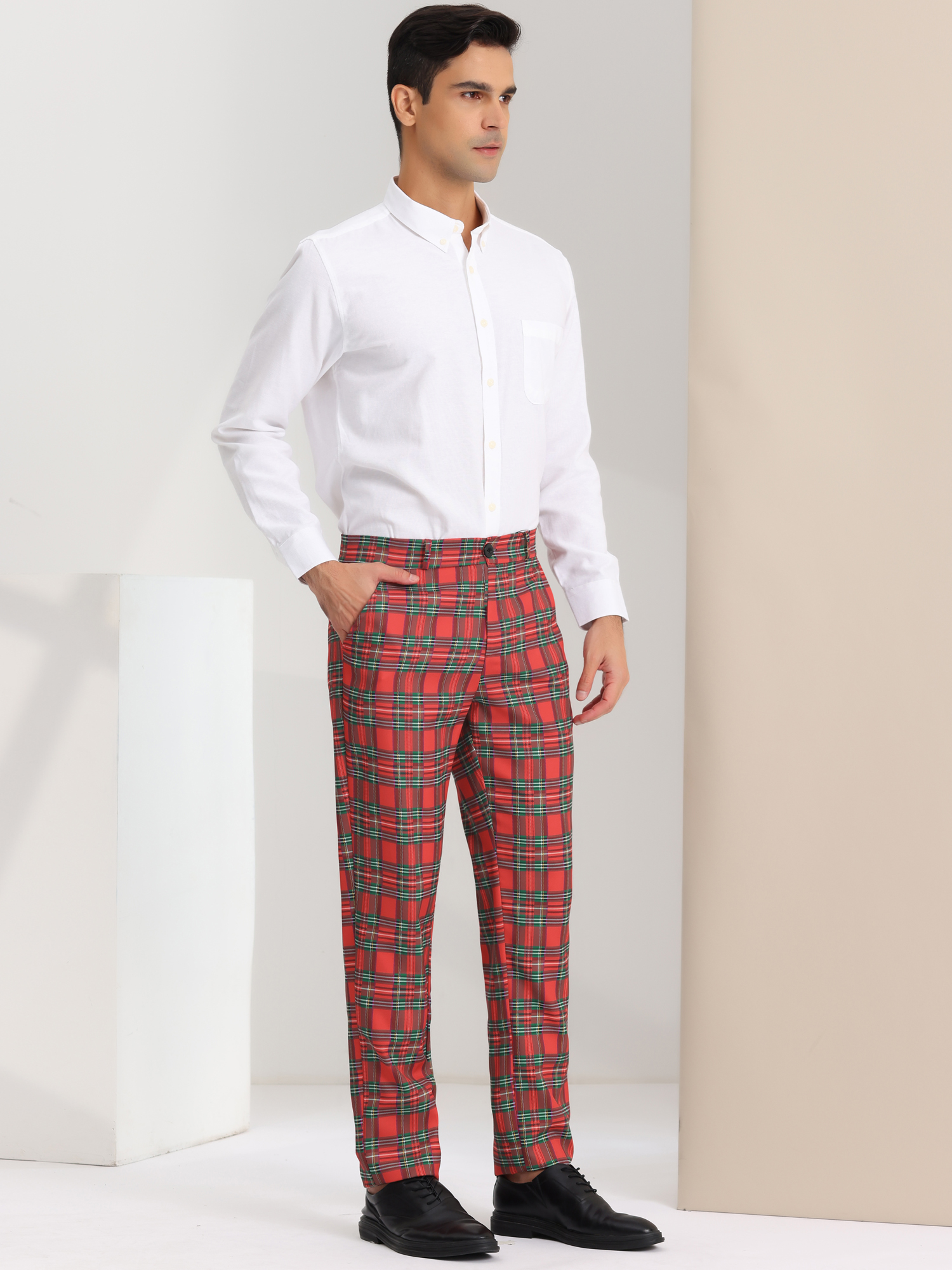 Unique Bargains Men's Plaid Business Pants Regular Fit Formal Prom Checked Trousers 36 Red Green