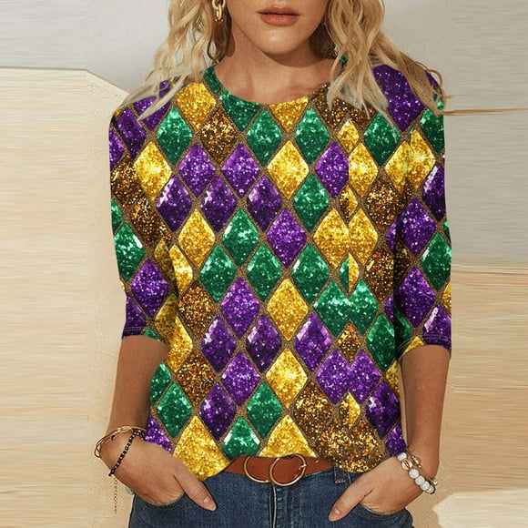 Jinhomg Carnival Cruise Shirts for Women Fashion Novelty Mardi Gras Sequin Print Blouse Casual Loose 3/4 Sleeve Holiday Party Tops Celebration Costumes 2025 Saving Multicolor S