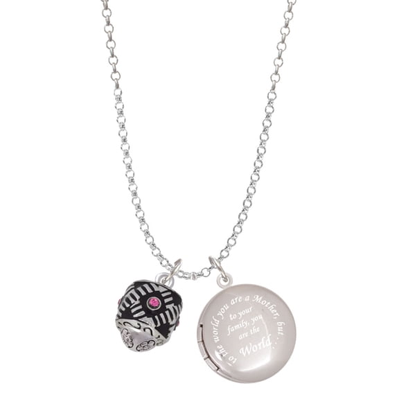 Delight Jewelry Silvertone Diagonal Banded Barrel with Hot Pink Crystals Spinner To the World You are a Mother Locket Necklace