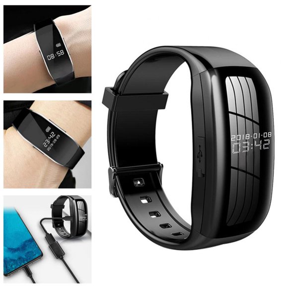 Black Digital Voice Video Recorder 8/16/32GB Audio Camera Wristband Noise Cancelling Recording Device With Charging Cable