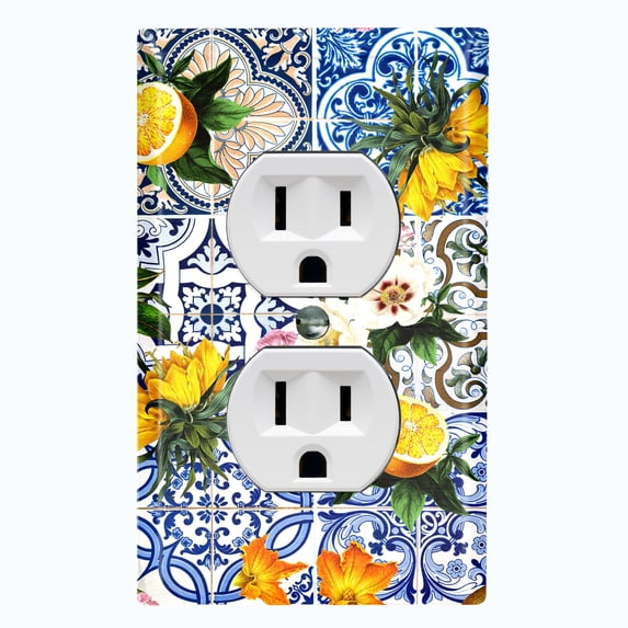 Metal Light Switch Plate Cover Floral Fruit Blue Tile Pattern Collage TIL004