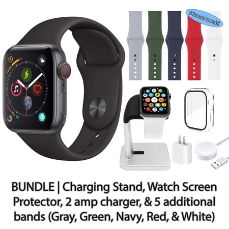Restored Apple Watch Series 4 (GPS + Cellular, 44 mm) Space Gray Aluminum Case with Black Sport Band Bundle | 5 Bonus Bands, Charging Stand, Screen Protector, & 2 amp charger (Refurbished)