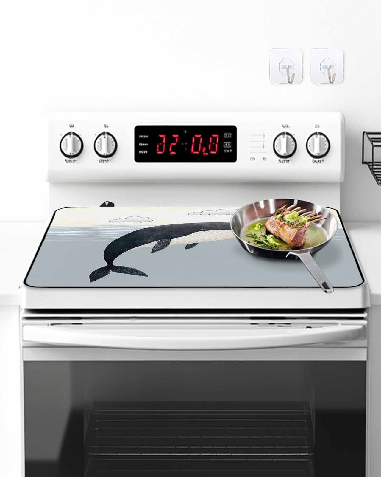 Stove Top Covers for Electric Stove, Whale Glass Stovetop Cover Protector, Ocean Coastal Fish Aqua Beach Orange Sky Induction Cooktop Protector Oven Mat for Kitchen Countertop 24"x21"