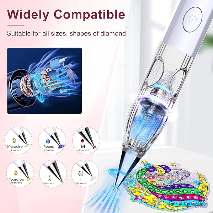 Diamond Art Painting Pen with Vacuum Pump, No Wax Needed, Lightweight Design, 3 Adjustable Suction Mode & Rechargeable, DIY Diamond Art Accessories and Tools(White)