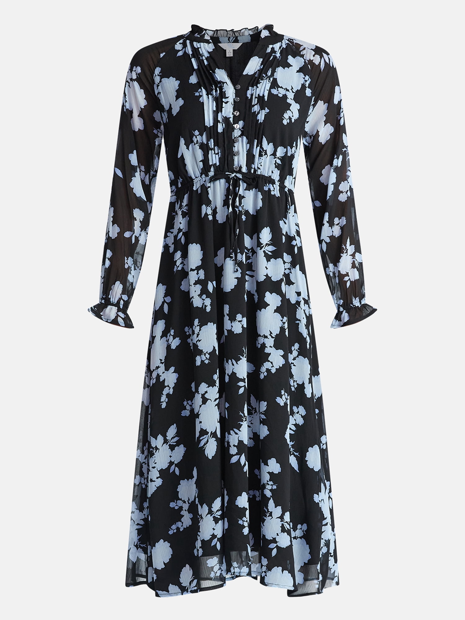 Time and Tru Women's Pintuck Midi Dress with Long Sleeves, Sizes XS-XXXL