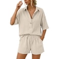 thumbnail image 2 of Women 2 Piece Linen Short Sets 2026 Summer Vacation V Neck Short Sleeve Beach Outfits Oversized Button Casual Suits Beige M, 2 of 7