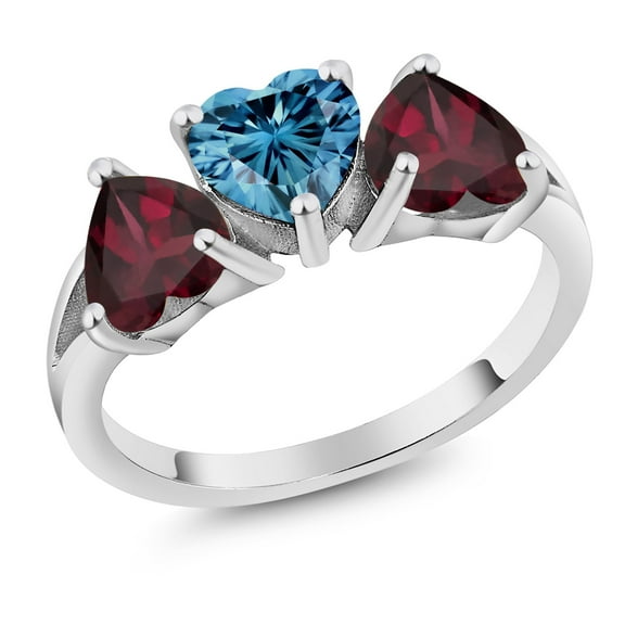 Gem Stone King 925 Sterling Silver Heart Shape Persian Blue Moissanite and Rhodolite Garnet Red 3-Stone Ring for Women (2.24 Cttw, Gemstone Birthstone, Size 5)