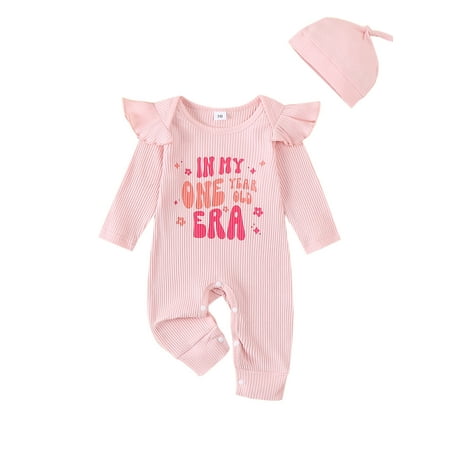 

Woshilaocai Girls Birthday Jumpsuit Long Sleeve Letter Print Romper with Hat