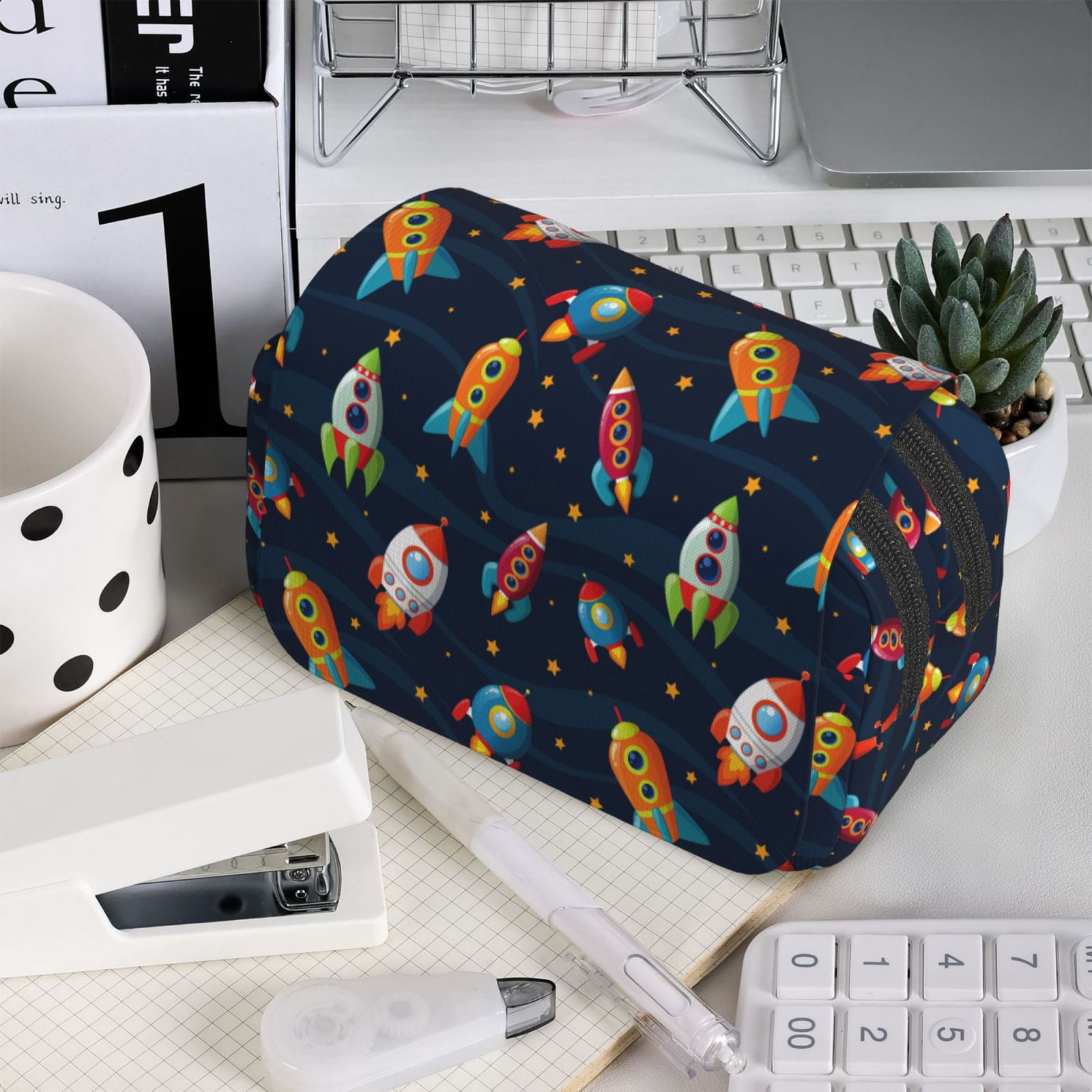 Rateoe Spaceships and Stars Pattern Double Clamshell Pen Case, Storage Organizer with Two Zipper Compartments– Holds Up to 50 Pencils & Pens