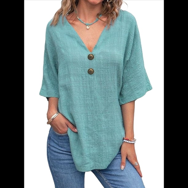 Camiseta de y Algodón para Mujer, Informal, con Doble Botón Frontal, Abierta, Color Esmeralda, Talla M