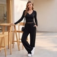 thumbnail image 3 of Women's Matching Set V-Neck Pleated Long Sleeve Lounge Sets for Women Tops and Wide Leg Pants 01 L, 3 of 3