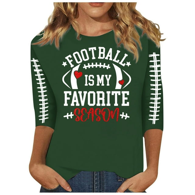 TINZ Ladies' Three Quarter Sleeve Round Neck Rugby Letter Printed Casual T Shirt 3 Long Sleeve Women Running Womens Solid Color T Shirts Long Sleeve Tops for Women