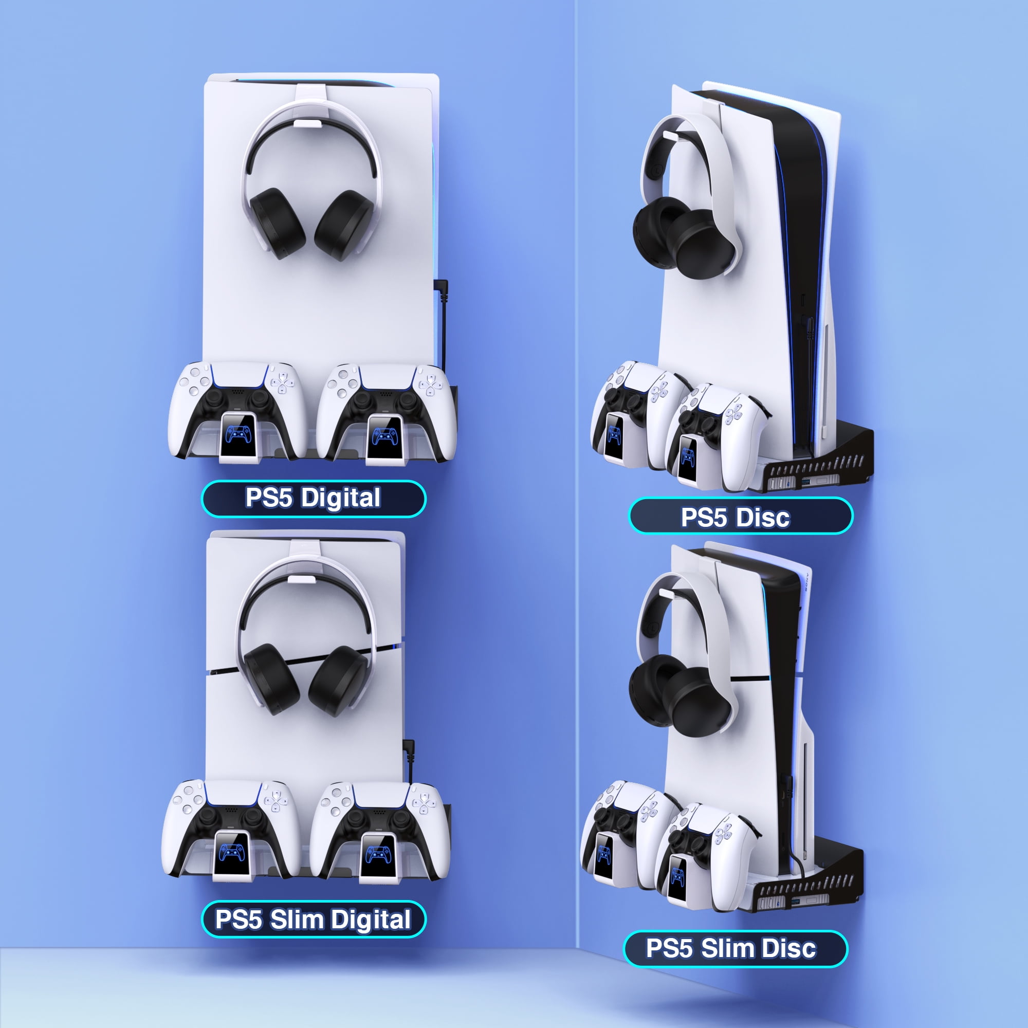 Stand for PS5 with Wall Mount, Vertical Stand with Turbo Cooler Fan/ Light, Cooling Stand for PS5 Slim Disc & Digital Edition/Playstation 5 Console, PS5 Controller Charger/Headset Holder