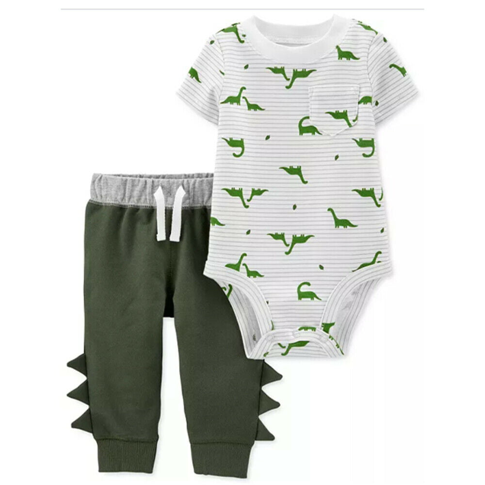 New Carter's 4T Boys 2 Piece Set Outfit Denim Shirt & Dinosaur Print Terry Pants 
