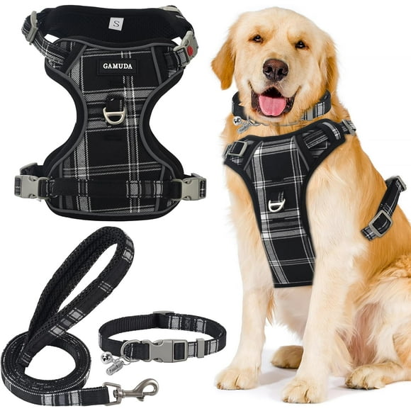 shiyou-Dog Harness Collar and Leash Set, Horse Care Sheets, No Chock No Pull Adjustable Vest Harnesses Plaid Reflective for Medium Dog, Cat, Small Horse, Small Bull and Pig (Black, L)