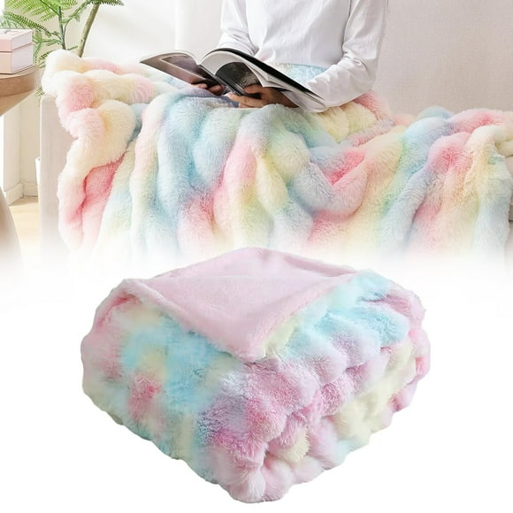 Clearance!Delayuji Faux Blanket Fleece Rainbow Blanket for Sofa Cozy Soft Plush Throw Blanket for Couch Bed Thick Fuzzy Couch Blanket for Winter Comfy Bubble Blanket