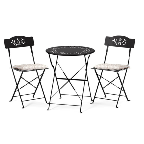 Ktaxon Outdoor 3-Piece Folding Bistro Set with Cushion, Small Metal Patio Seating Furniture Set - Black