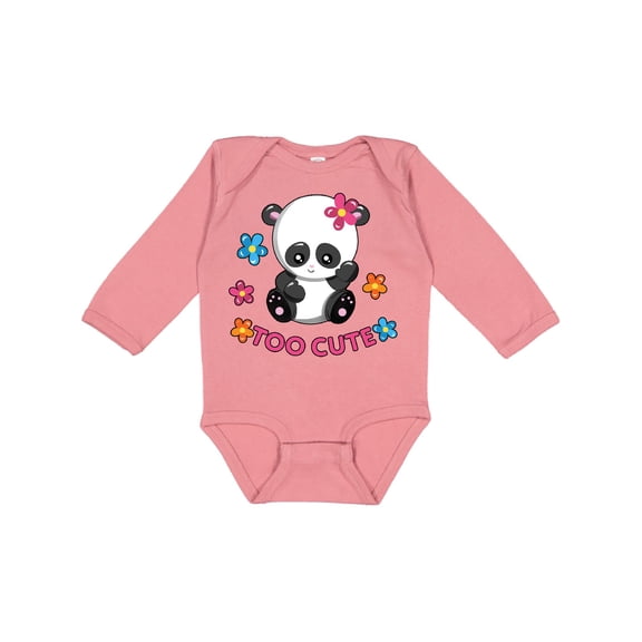Inktastic Too Cute Baby Panda with Flowers Girls Long Sleeve Baby Bodysuit