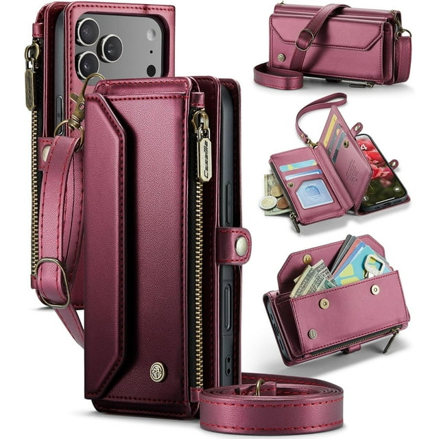 Case for iPhone 17 Pro, Crossbody Wallet Phone Case for iPhone 17 Pro with RFID Blocking Kickstand, Anti-Drop Wireless Charging Card Slots, PU Leather Shoulder Bag Clutch Adjustable Strap