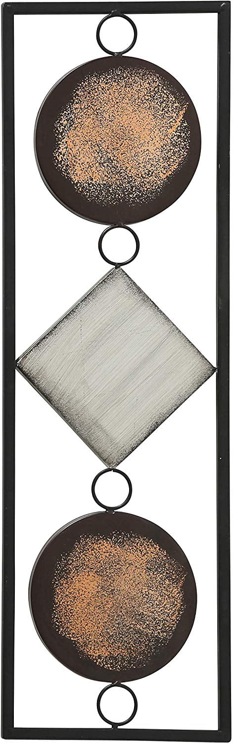 Modernist Floating Trio of 2 Circles and 1 Square, Rectangle Frame Metal Wall Art, Artisan Crafted, Rustic Gray, Bronze, Gold and Silver Painted Iron, Over 2 Ft Long, Plaque