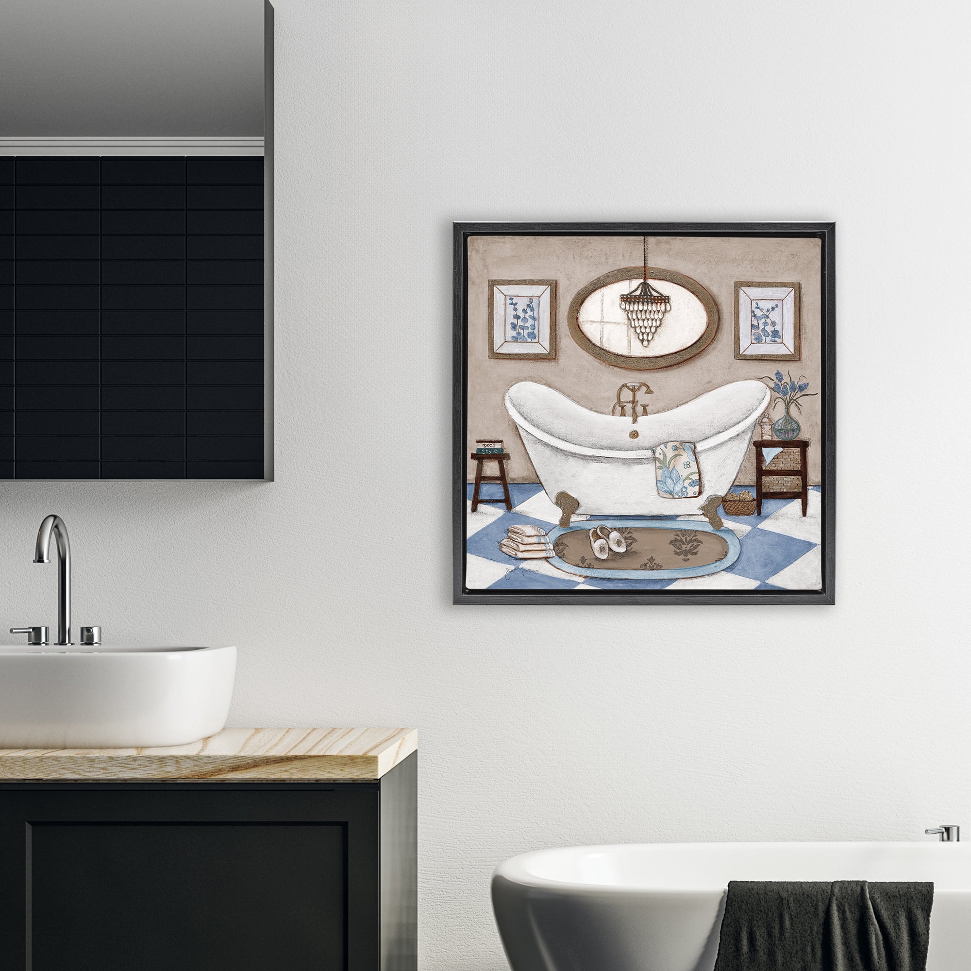 Stupell Industries Checkered Relaxing Bathtub Black Framed Floater Canvas Wall Art, design by Janet Tava