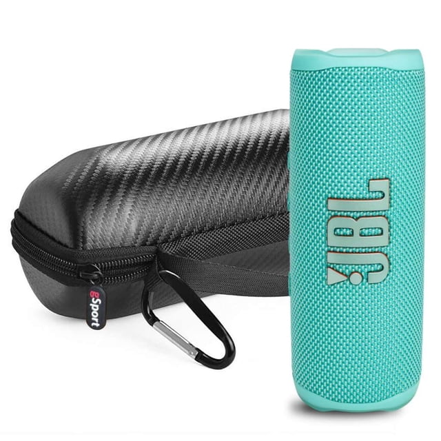 jbl flip 6 paquete de altavoces portátiles impermeables con funda de fibra de carbono gsport (verde azulado) Altavoz Bluetooth JBL Flip 6 verde azulado, vista vertical frontal con malla texturizada y logo JBL metálico; estuche rígido gSport negro con acabado fibra de carbono, cremallera, mosquetón y interior acolchado con banda elástica que asegura el altavoz.