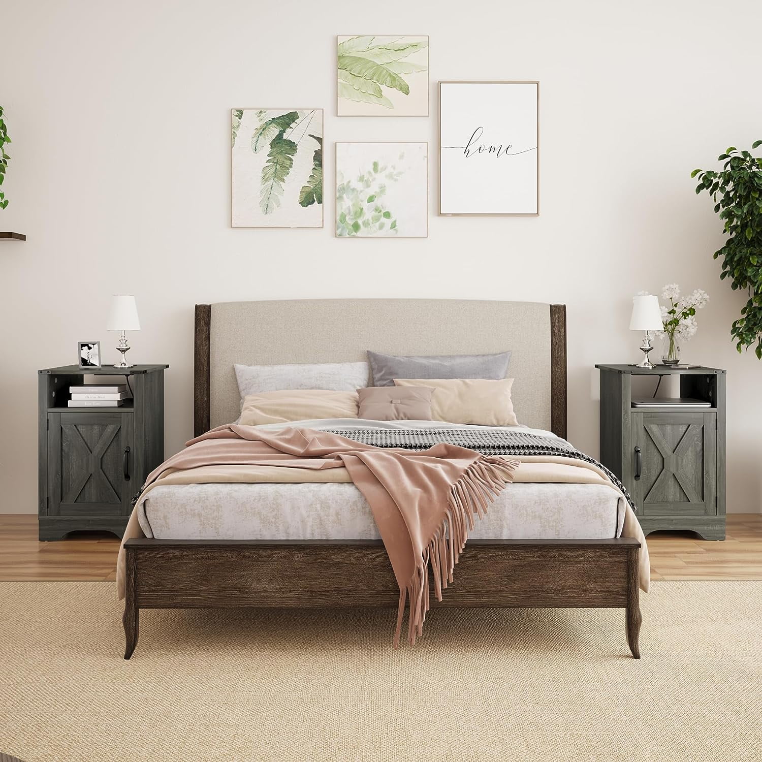 RoyalCraft Farmhouse Nightstand Set of 2, Wooden Rustic End Table with Charging Station, Storage Cabinets, Dark Grey