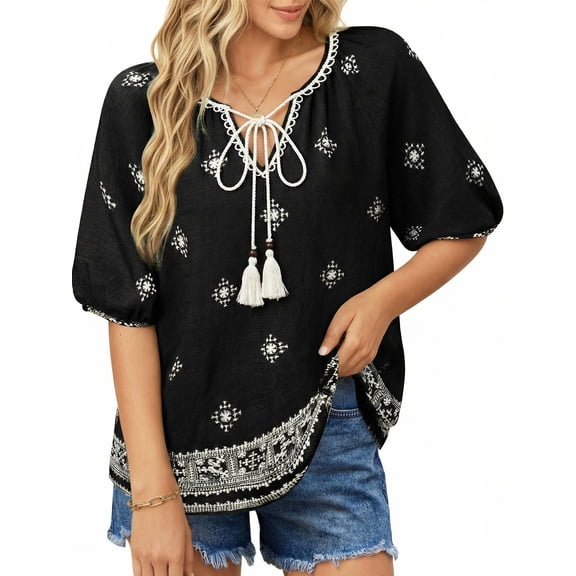 UVN Summer Tops for Women Short Sleeve V Neck Boho Casual Blouses Ladies Floral Print Tie Front Flowy Shirts