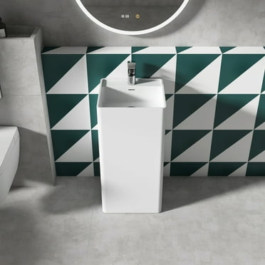 MEDUNJESS 34" Stone Resin Pedestal Sink with Faucet Hole, Solid Surface Pedestal Bathroom Sink with Overflow, Matte White