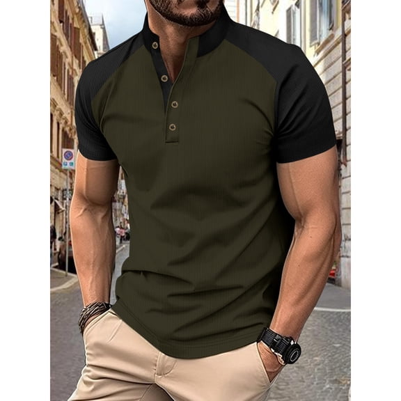Hearthz Raglan Sleeve Polo Shirts Men Button Short Sleeve Shirt Men Color Block Collared Athletic Casual Golf Polos Dark Green XXXL