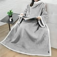 thumbnail image 6 of PAVILIA Sherpa Wearable Blanket with Sleeves and Pocket, Plush Thick Cozy Body Blanket Wrap for Adult Women Men, Christmas Gift for Wife Mom, Light Grey, 6 of 9