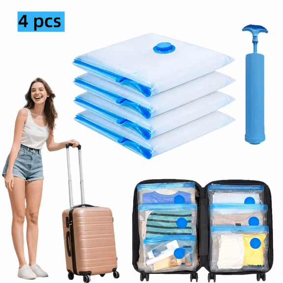 4Pcs Extra Large Vacuum Storage Bag With 1 Manual Pump - Save Space, Air-Tight Compression, Dust And, Suitable For Clothes And Bedding, Suitable For Dormitories, Wardrobes And Moving