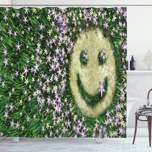 Garden Shower Curtain, Smiley Emoticon on the Grass with Spring Flowers Happy Humorous Meadow Print, Fabric Bathroom Set with Hooks, 69W X 75L Inches Long, Lavander Green, by Ambesonne