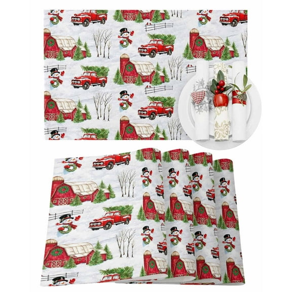 Christmas Placemats Set of 4, Red Barn Truck Snowman Place Mats Cardinal Bird Xmas Tree Placemat Table Decoration for Kitchen Table Dinner Xmas Holiday Party Home Decor Indoor Outdoor 13x19 Inch