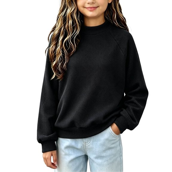 Mitankcoo Girls Waffle Knit Sweater Long Sleeve Raglan Pullover Top Loose Warm Casual Knitwear for Fall Winter