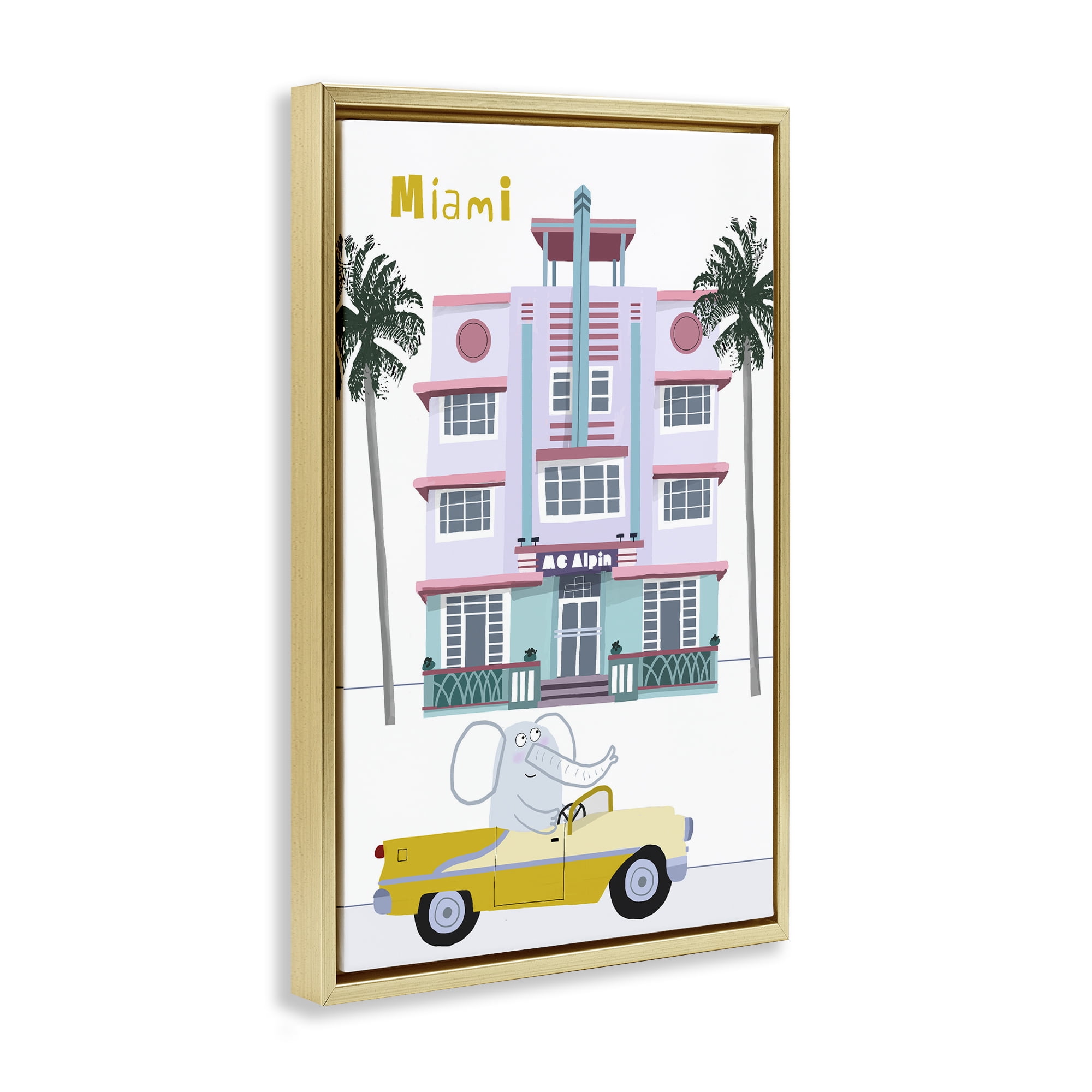Elephant & Miami Hotel Gold Framed Floater Canvas Wall Art, design by Carla Daly