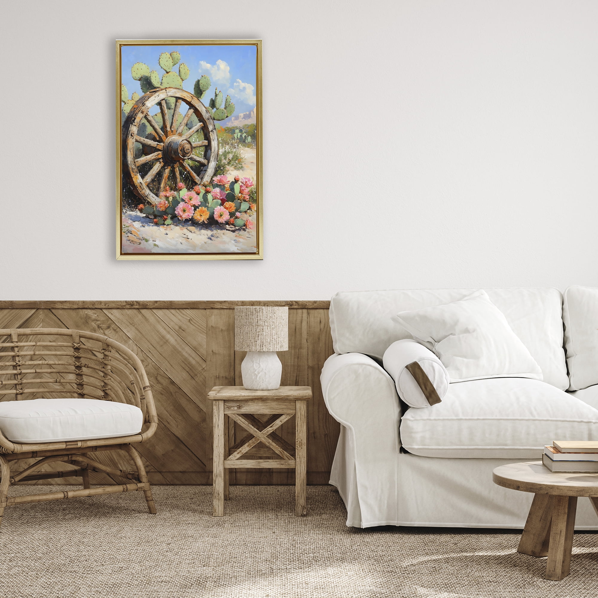 Stupell Industries Wagon Wheel Among Cactus Gold Framed Floater Canvas Wall Art, design by Franklyn Gregory