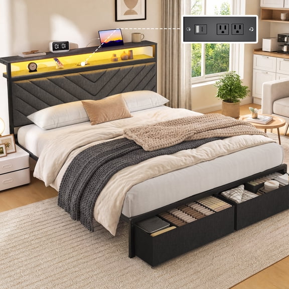 Bolvdo Queen Bed Frame with Upholstered Headboard, Charging Station, LED Light & 2 Storage Drawers, Linen Gray